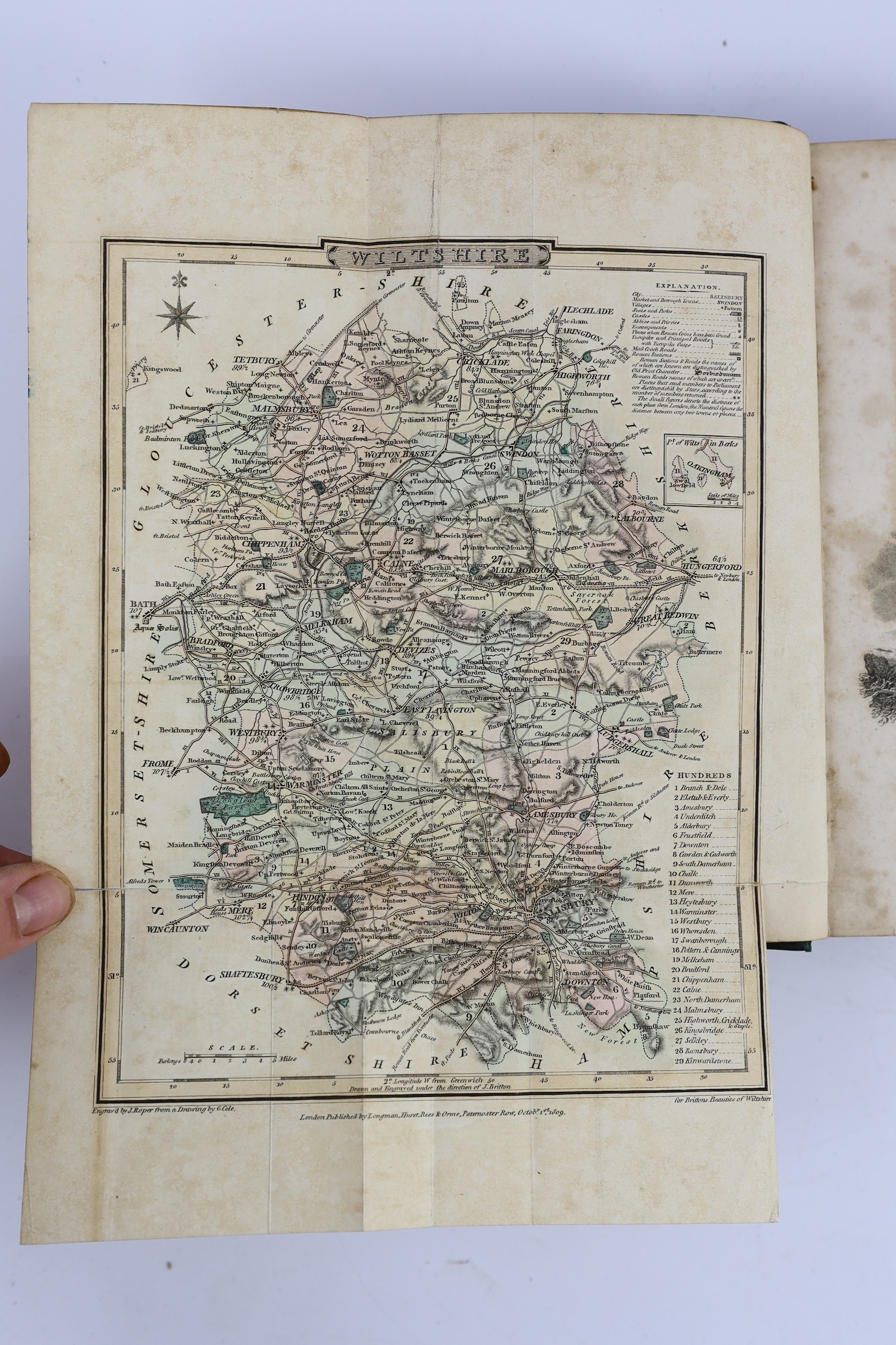 WILTS: (Britton, John) The Beauties of Wiltshire ... interspersed with anecdotes of the arts. 2 vols. engraved pictorial and printed titles, 14 plates; contemp. half calf and marbled boards, gilt-panelled spines and marb